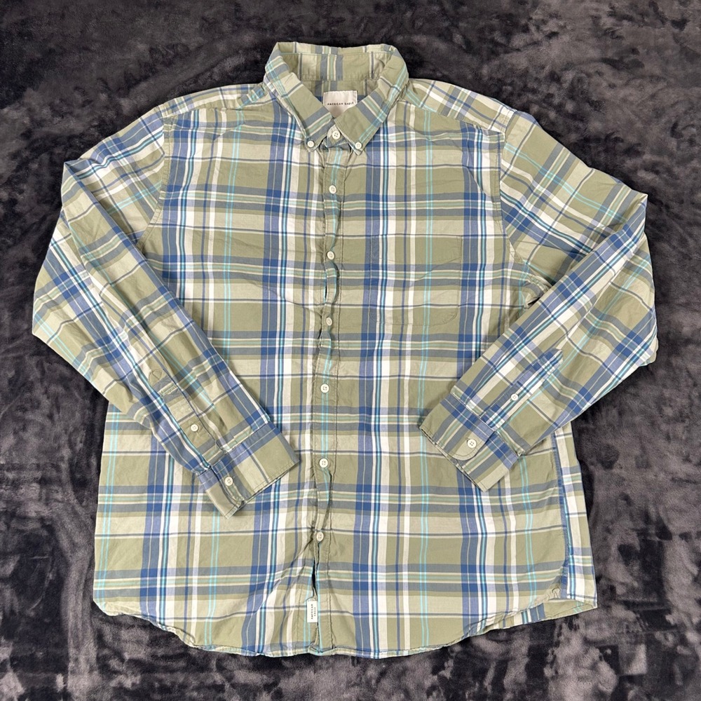 American Eagle Button Down Shirt Mens XXL Green Plaid Long Sleeve Cotton